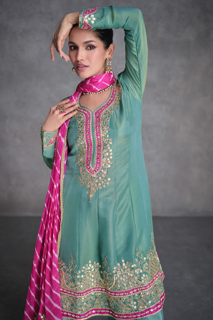 Greenish Blue Palazzo Suit With Embroidery Work