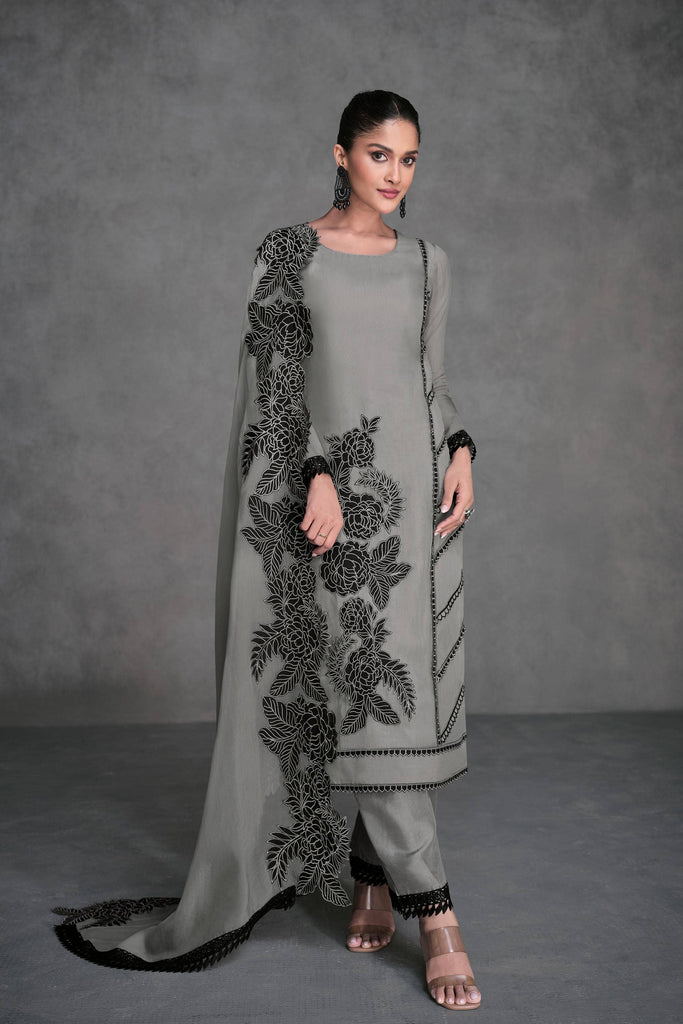 Grey With Black Lace Organza Salwar Suit