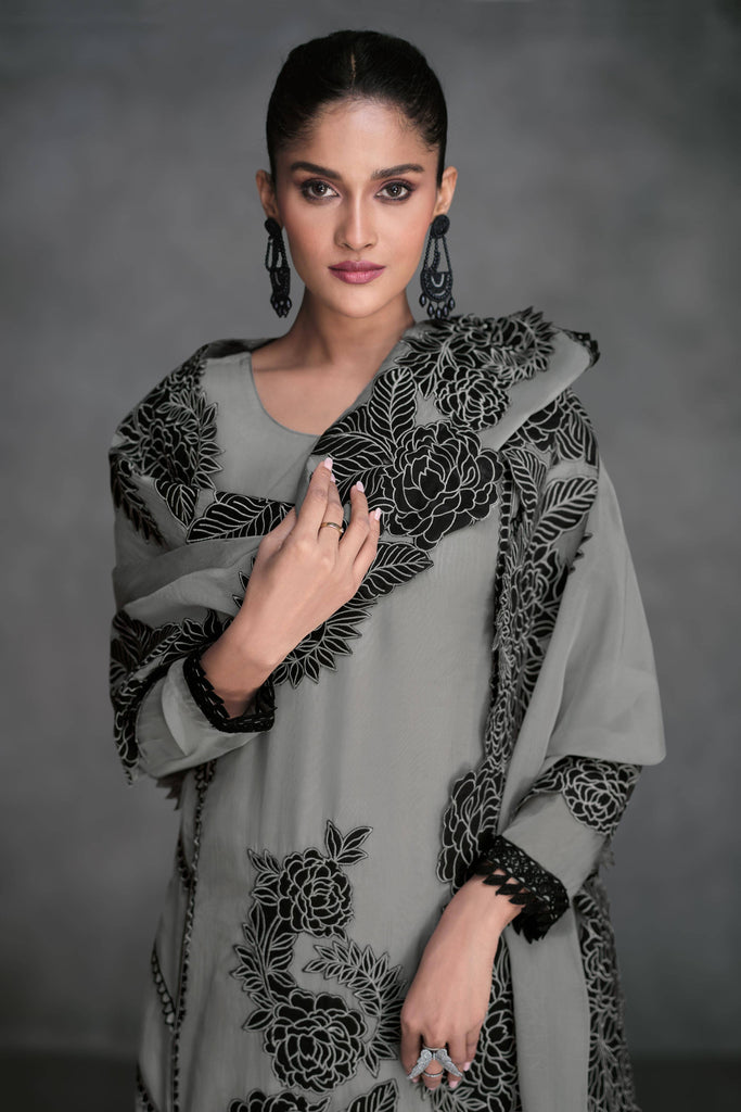 Grey With Black Lace Organza Salwar Suit