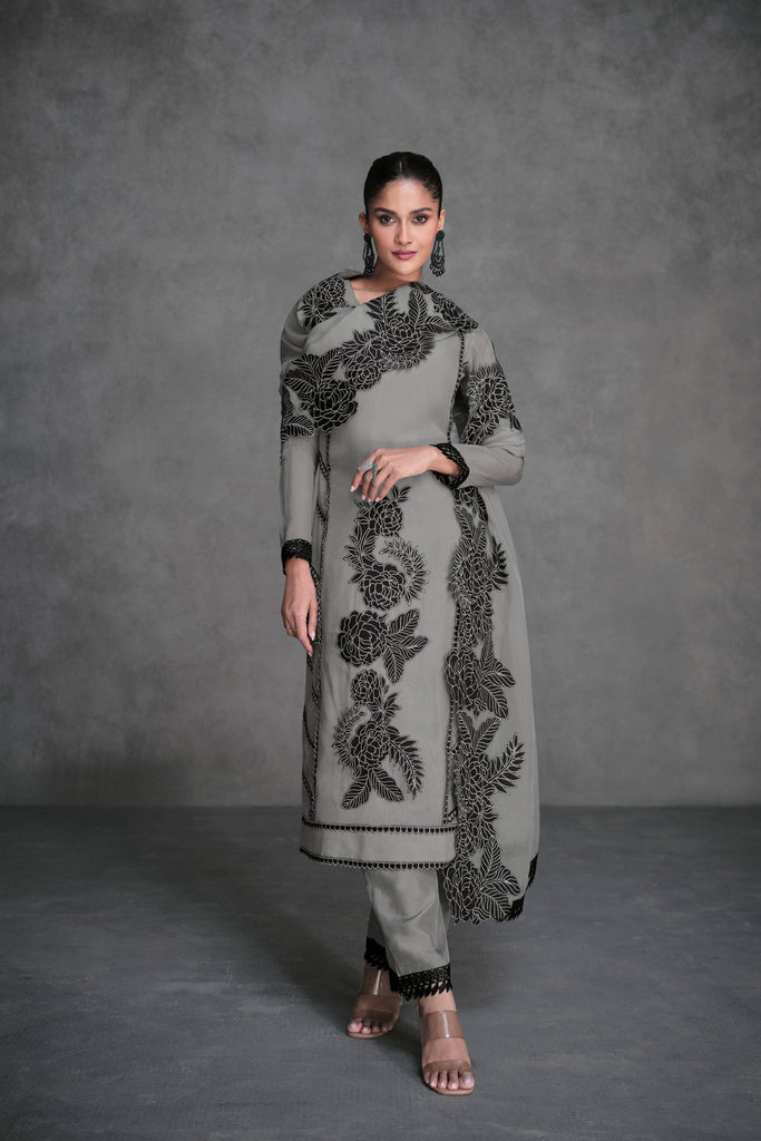 Grey With Black Lace Organza Salwar Suit