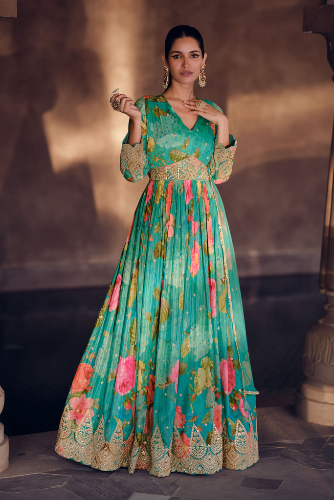 Green Floral Embroidered Anarkali Suit