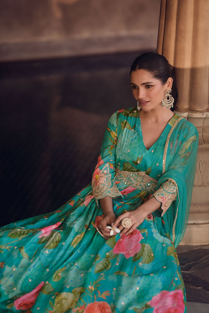 Green Floral Embroidered Anarkali Suit