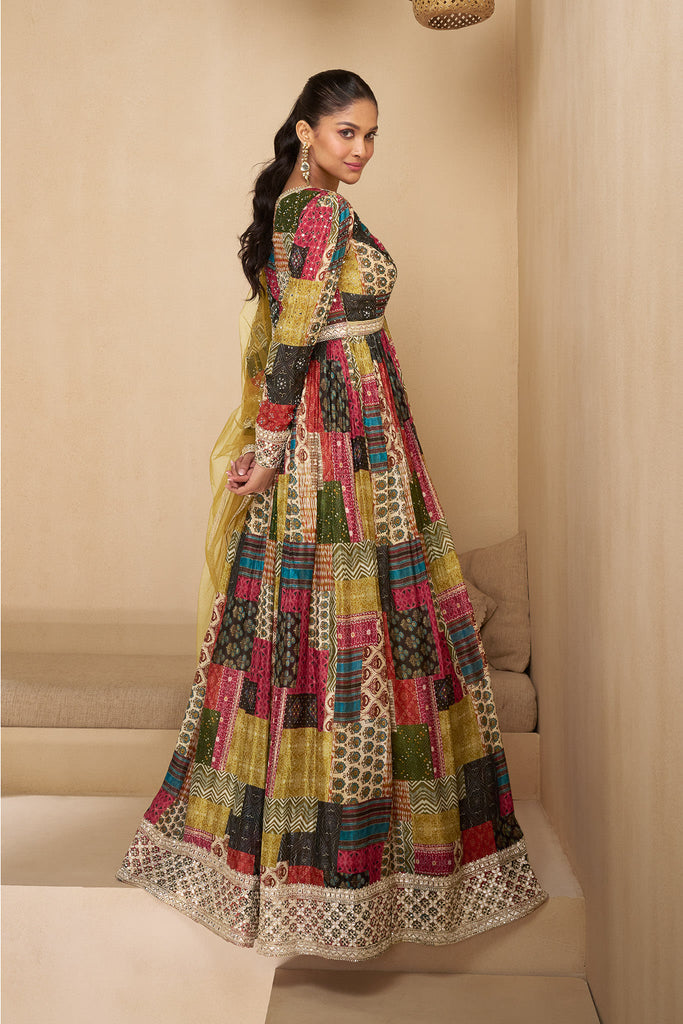 Incredible Multi-Color Printed Georgette Event Wear Gown With Dupatta