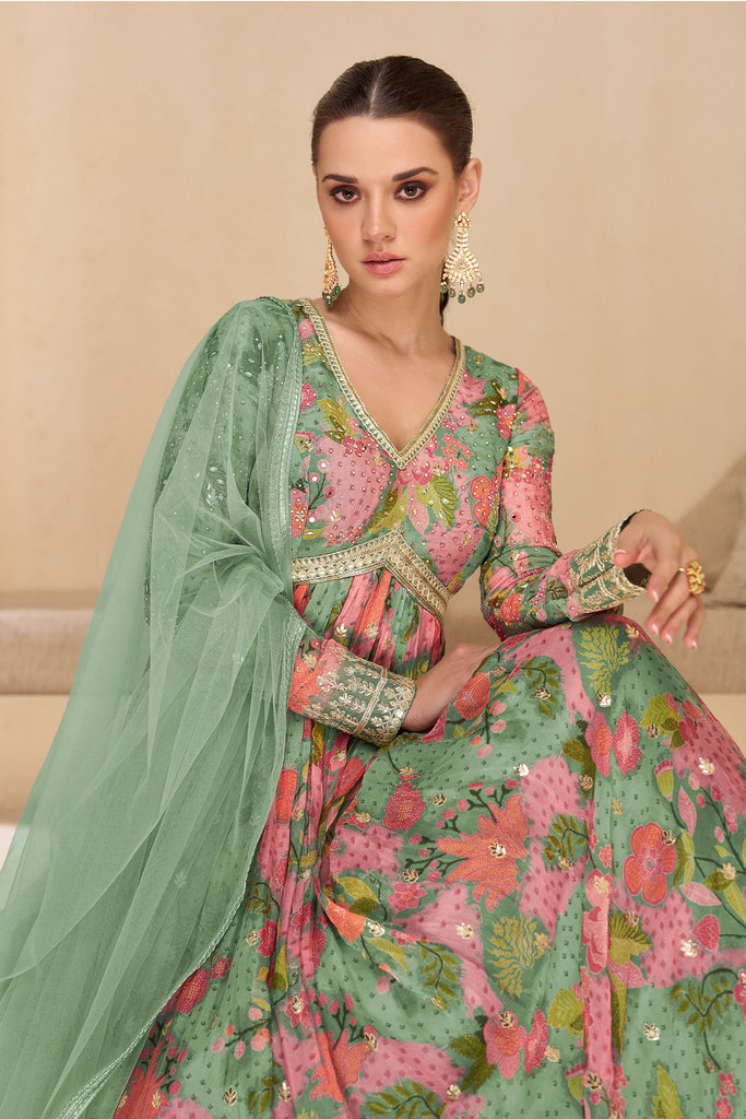 Green Multicolor Printed Embroidered Anarkali Gown