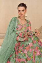 Load image into Gallery viewer, Green Multicolor Printed Embroidered Anarkali Gown