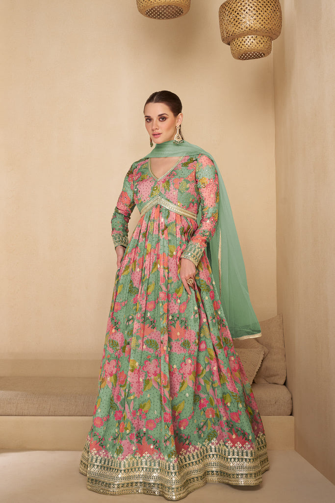 Green Multicolor Printed Embroidered Anarkali Gown