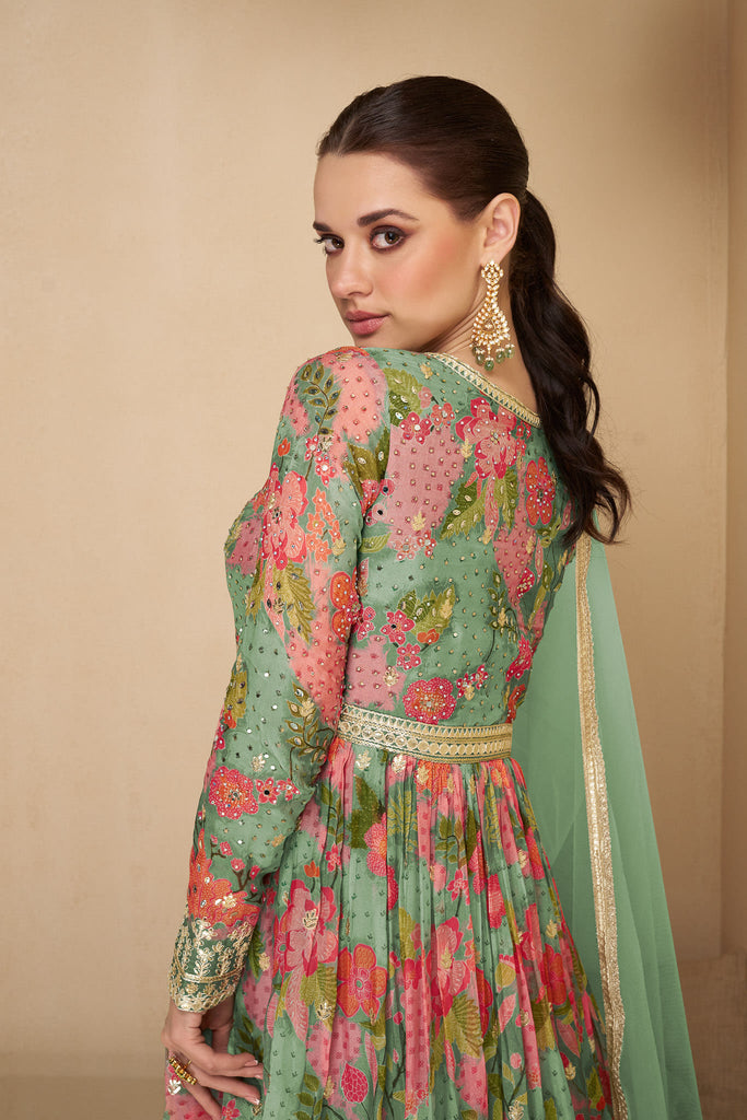 Green Multicolor Printed Embroidered Anarkali Gown