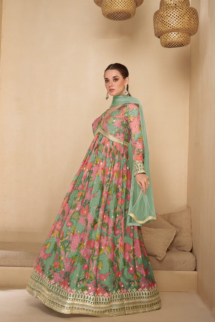 Green Multicolor Printed Embroidered Anarkali Gown