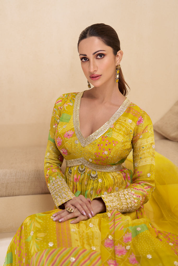 Beautiful Yellow Printed Georgette Haldi Wear Gown With Dupatta