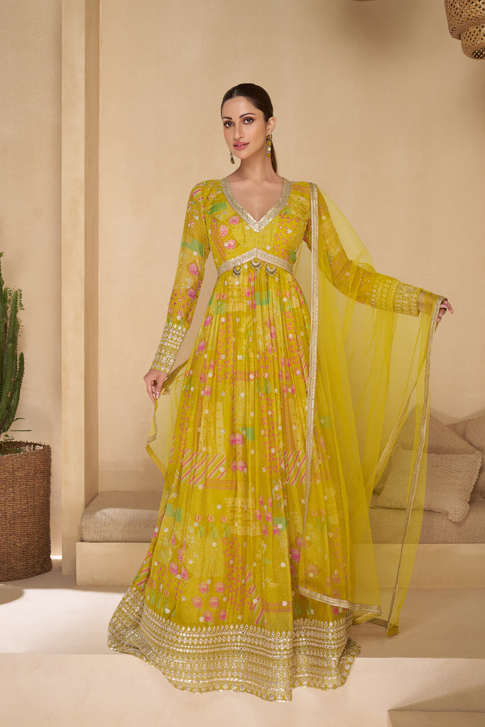 Beautiful Yellow Printed Georgette Haldi Wear Gown With Dupatta