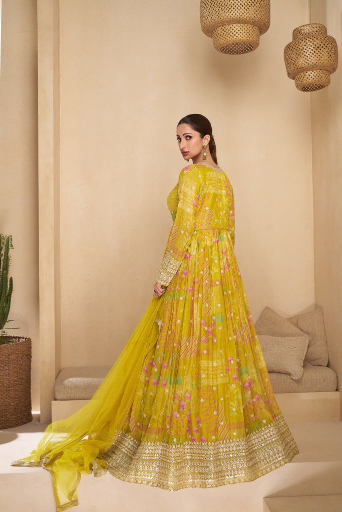 Beautiful Yellow Printed Georgette Haldi Wear Gown With Dupatta