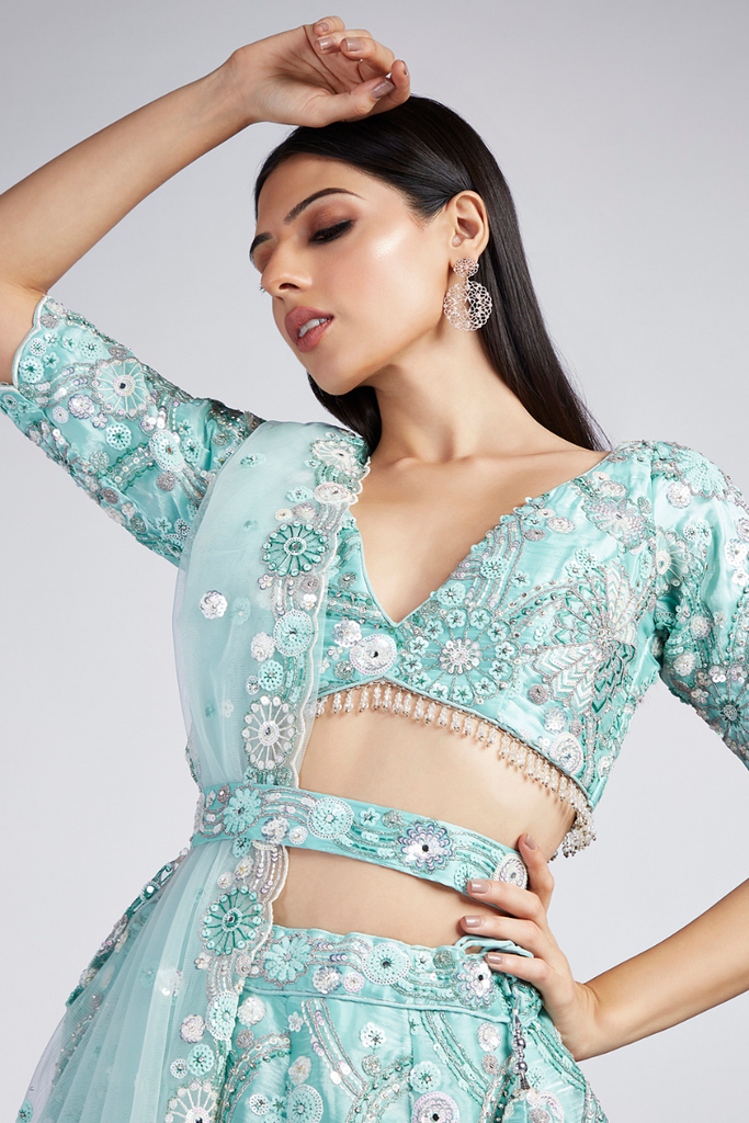 Turquoise Blue Net Sequins And Zarkan Embroidery Lehenga Choli & Dupatta