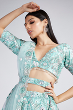 Load image into Gallery viewer, Turquoise Blue Net Sequins And Zarkan Embroidery Lehenga Choli &amp; Dupatta