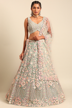 Load image into Gallery viewer, Sea Green net multi sequins with heavy zarkan embroidery semi-stitched lehenga choli &amp; dupatta