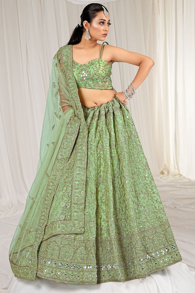 Pistachio Green Organza Embroidered Lehenga With Sequence