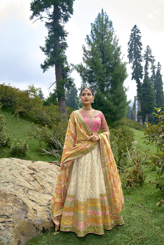 Cream and Mustard Bridal Designer Banarasi Silk Lehenga Choli With Cording, Thread, Stone And Sequins Work