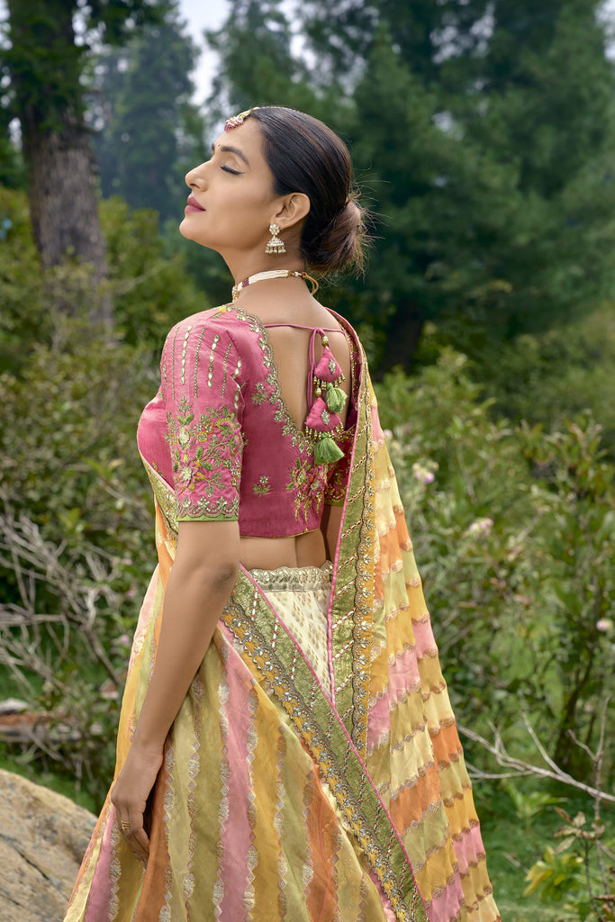 Cream and Mustard Bridal Designer Banarasi Silk Lehenga Choli With Cording, Thread, Stone And Sequins Work