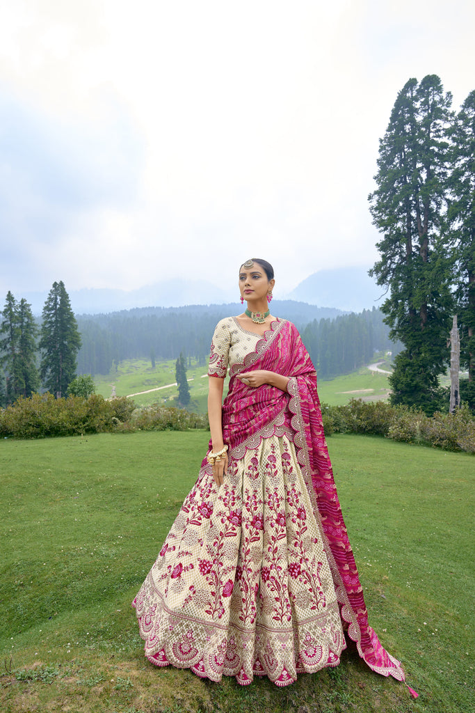 Beige And Pink Bridal Designer Banarasi Silk Lehenga Choli With Cording, Thread, Stone And Sequins Work