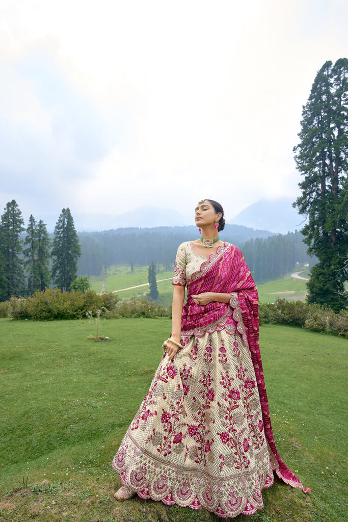 Beige And Pink Bridal Designer Banarasi Silk Lehenga Choli With Cording, Thread, Stone And Sequins Work