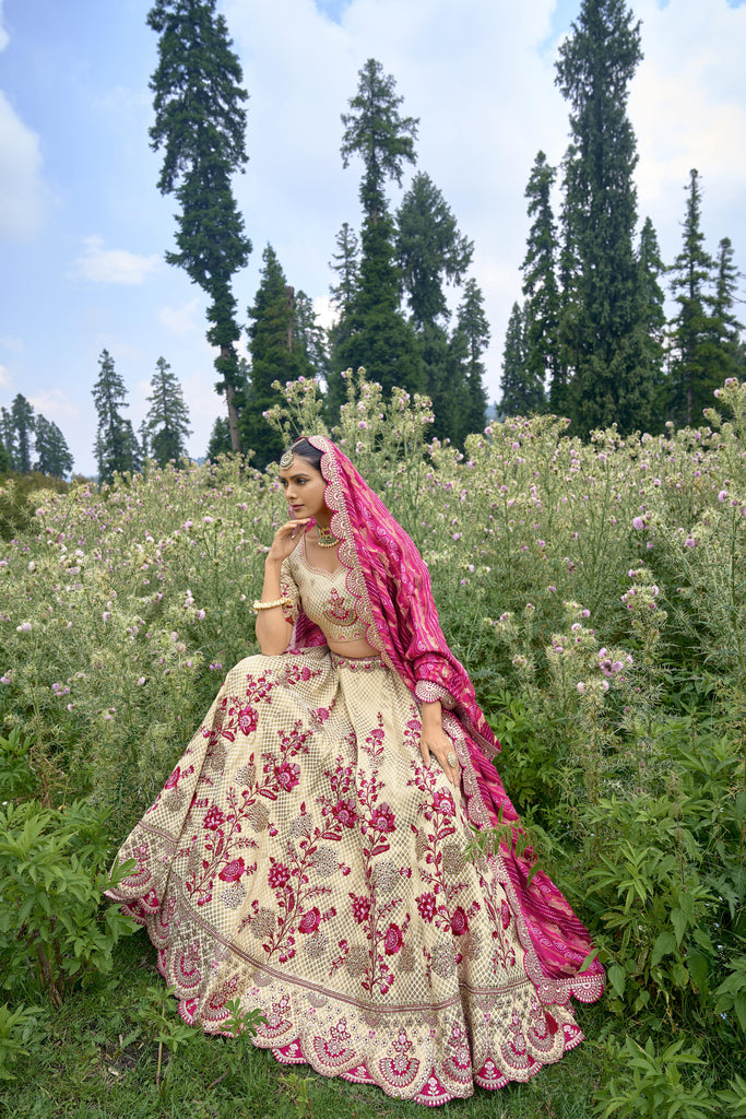 Beige And Pink Bridal Designer Banarasi Silk Lehenga Choli With Cording, Thread, Stone And Sequins Work