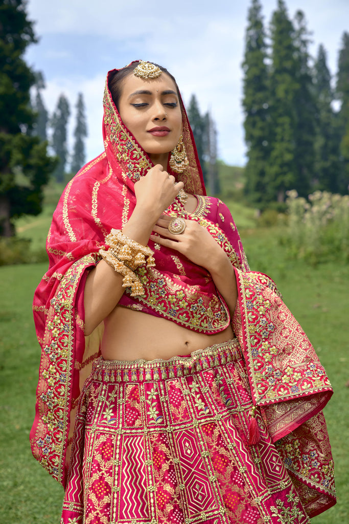 Red with hint of Maroon Bridal Designer Banarasi Silk Lehenga Choli With Cording, Thread, Stone And Sequins Work