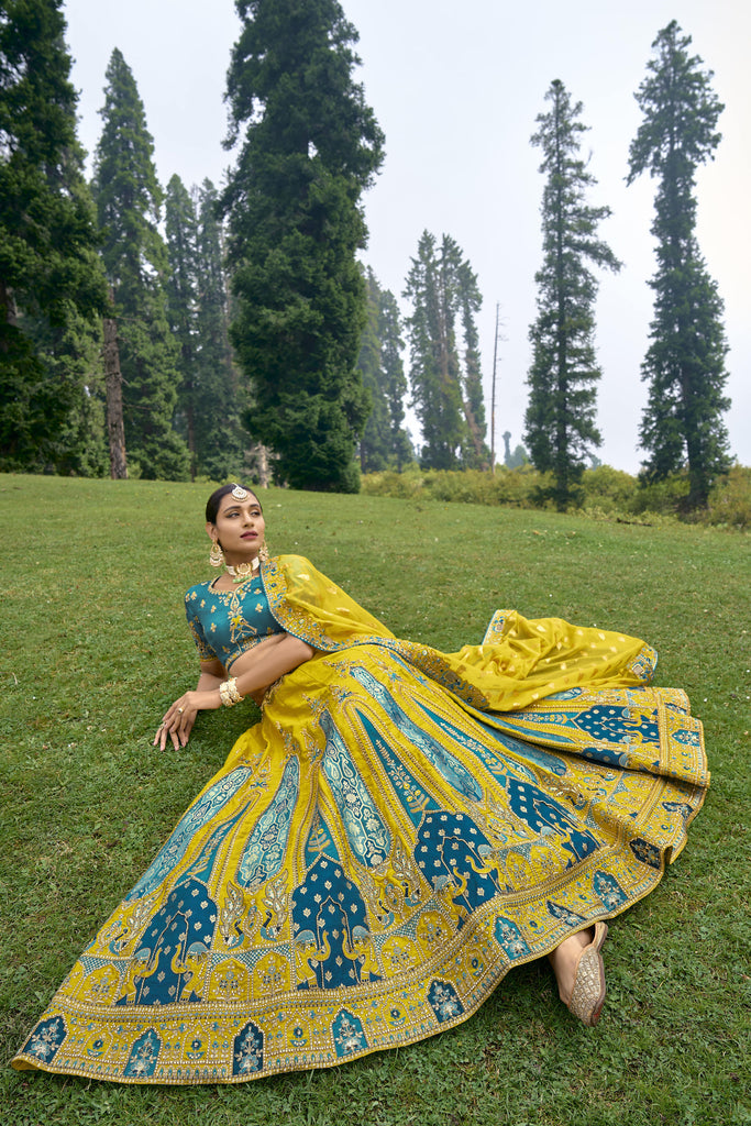 Empire Yellow And Blue Bridal Designer Banarasi Silk Lehenga Choli With Cording, Thread, Stone And Sequins Work