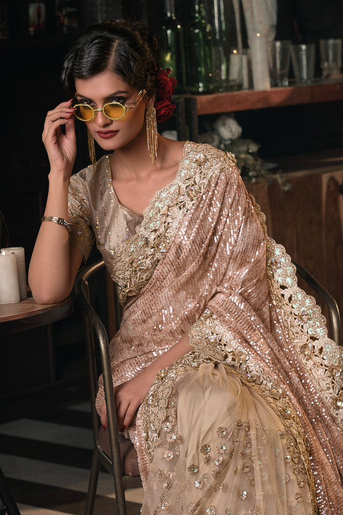 Dark Cream Heavy Embroidery Net Saree With 3D Appliques