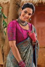 Load image into Gallery viewer, Mirror Work Greenish Grey Heavy Work Saree in Silk