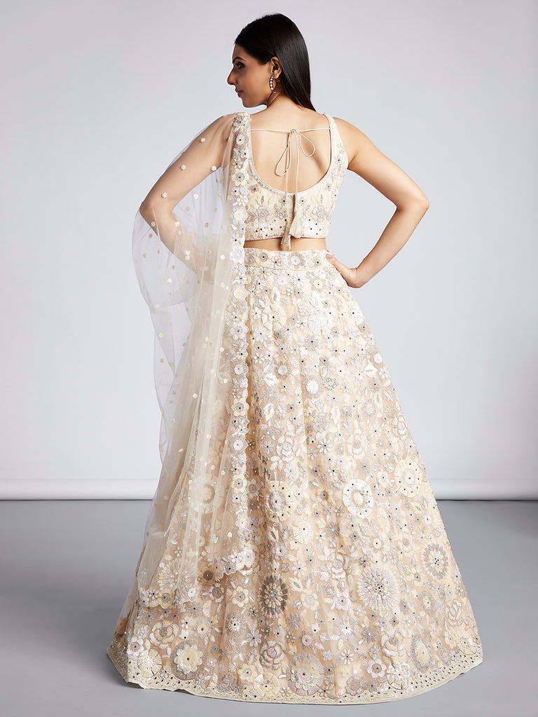 Cream Net Sequins Mirror Thread Embroidery Lehenga Choli & Dupatta