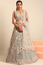 Load image into Gallery viewer, Sea Green net multi sequins with heavy zarkan embroidery semi-stitched lehenga choli &amp; dupatta