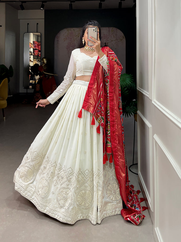 Lucknowi White Georgette Lehenga with foil mirror work