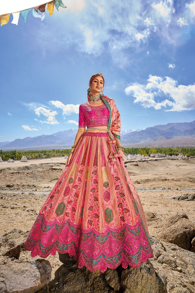 Fuchsia Pink Banarasi Silk Jacquard Embroidered Bridal Wedding Heavy Border Lehenga Choli