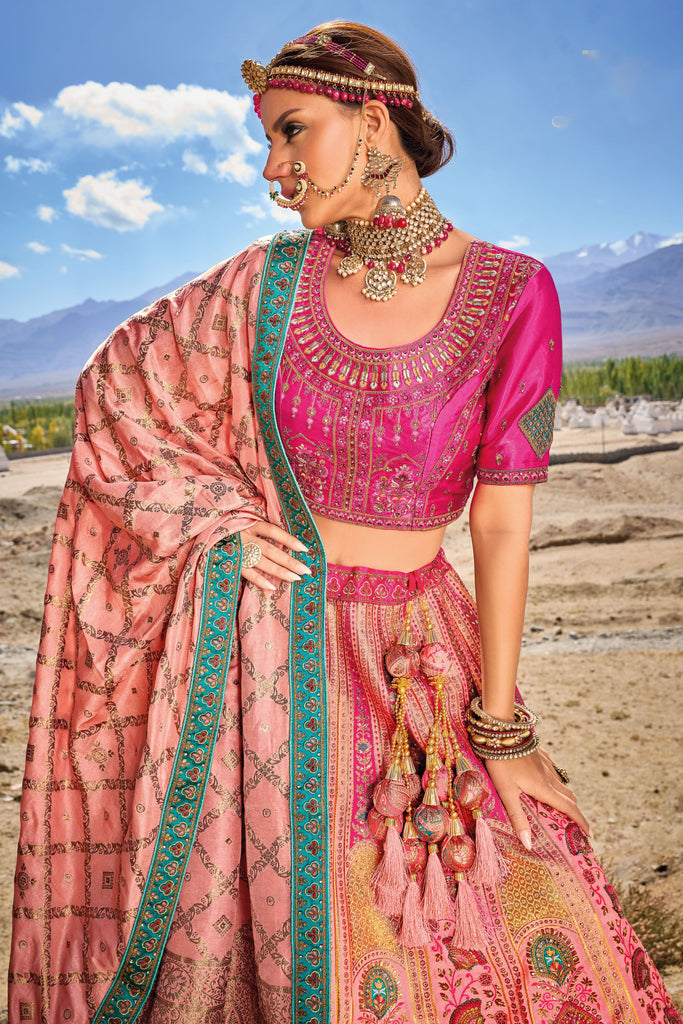 Fuchsia Pink Banarasi Silk Jacquard Embroidered Bridal Wedding Heavy Border Lehenga Choli
