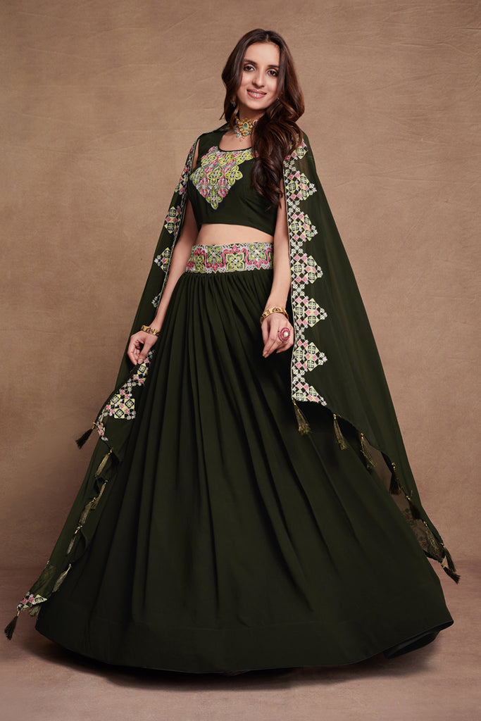 Dark Green Embroidery Georgette Lehenga Choli