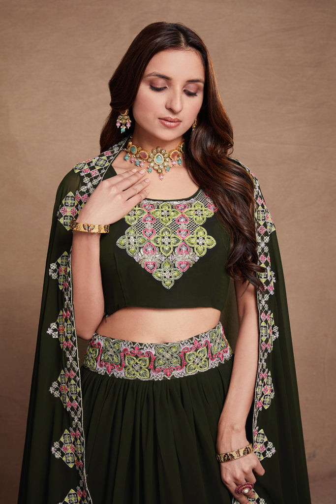 Dark Green Embroidery Georgette Lehenga Choli