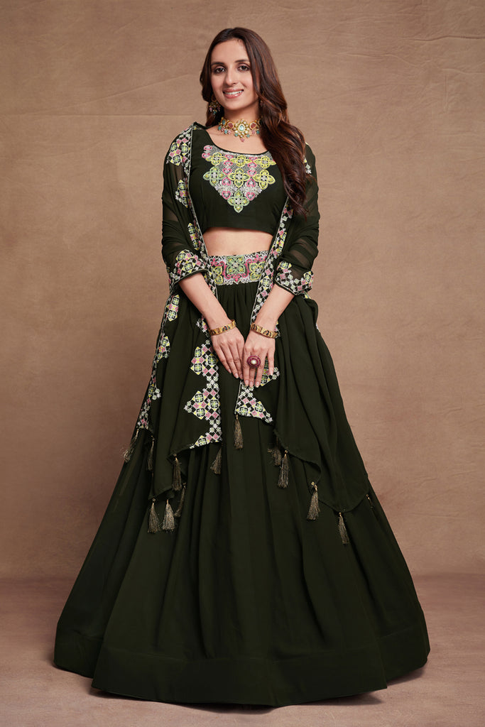 Dark Green Embroidery Georgette Lehenga Choli