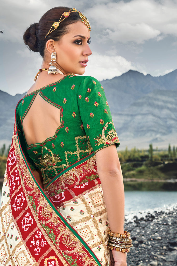 Cream Pure Traditional Pure Gaji Bandhej Saree In Satin - Diva D London LTD