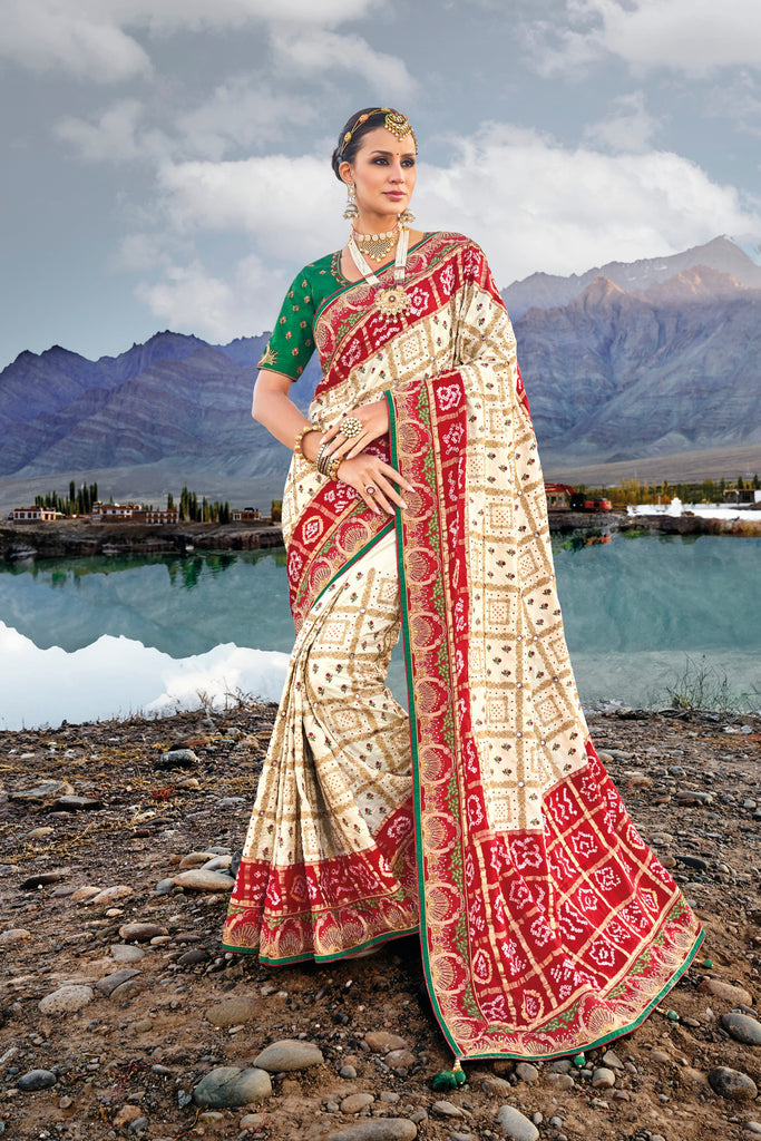 Cream Pure Traditional Pure Gaji Bandhej Saree In Satin - Diva D London LTD