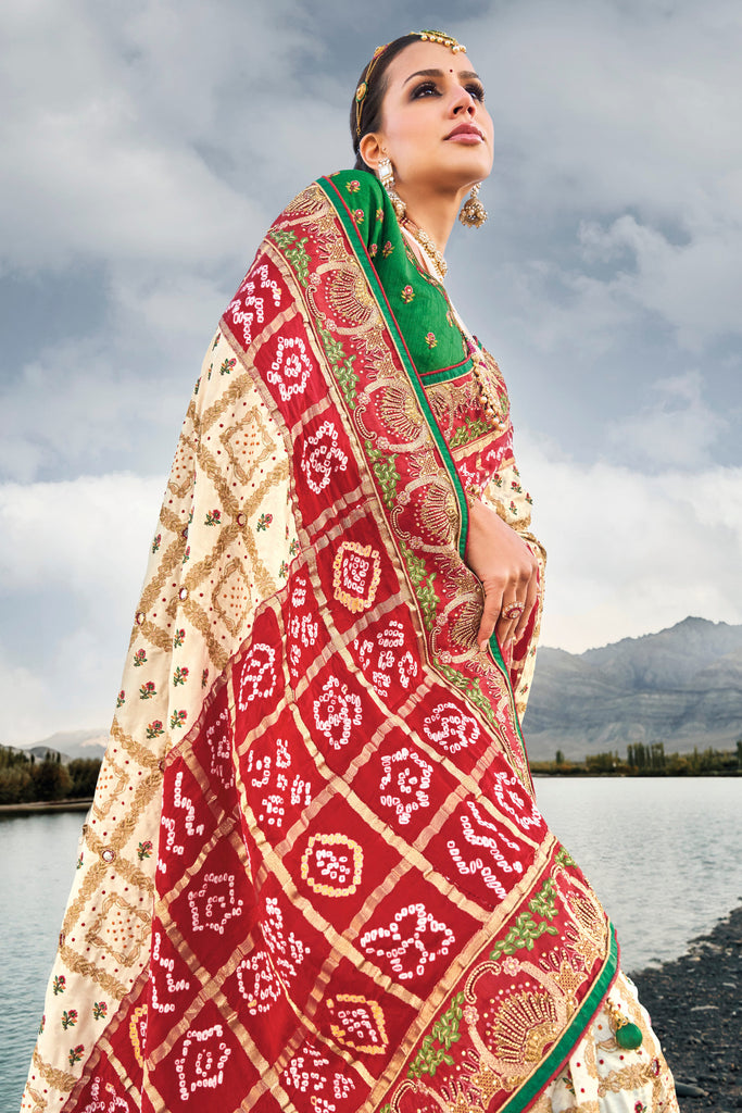 Cream Pure Traditional Pure Gaji Bandhej Saree In Satin - Diva D London LTD