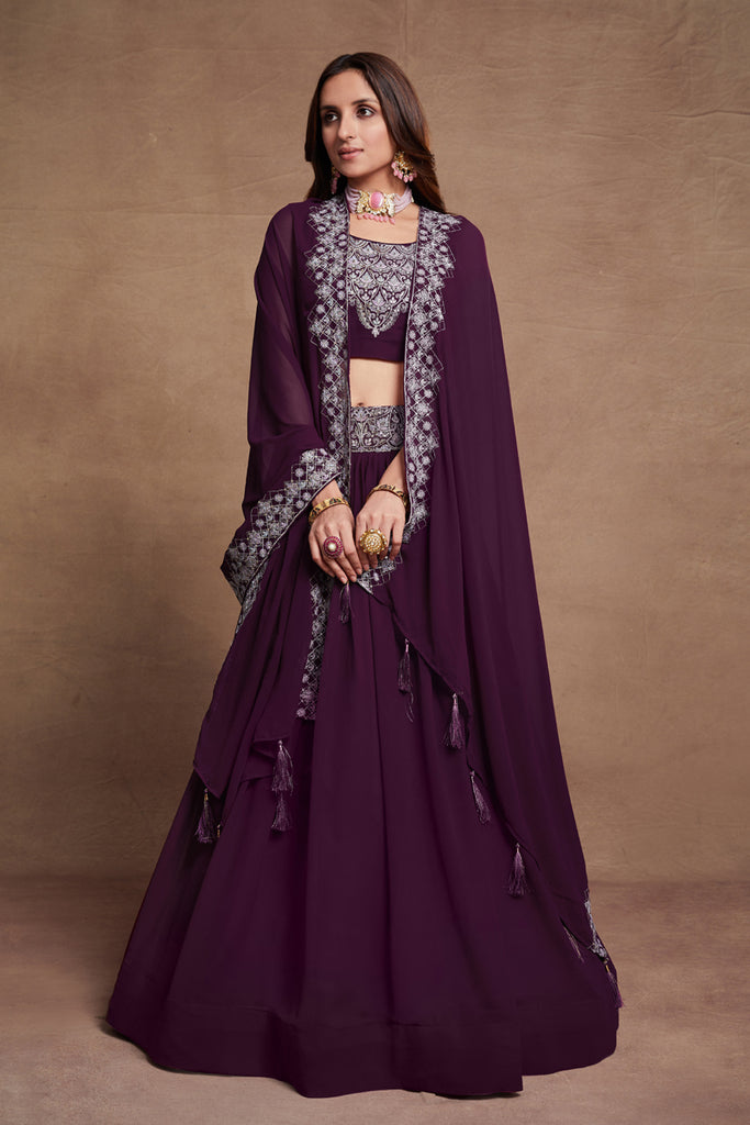 Purple Threadwork Embroidery Georgette Lehenga Choli