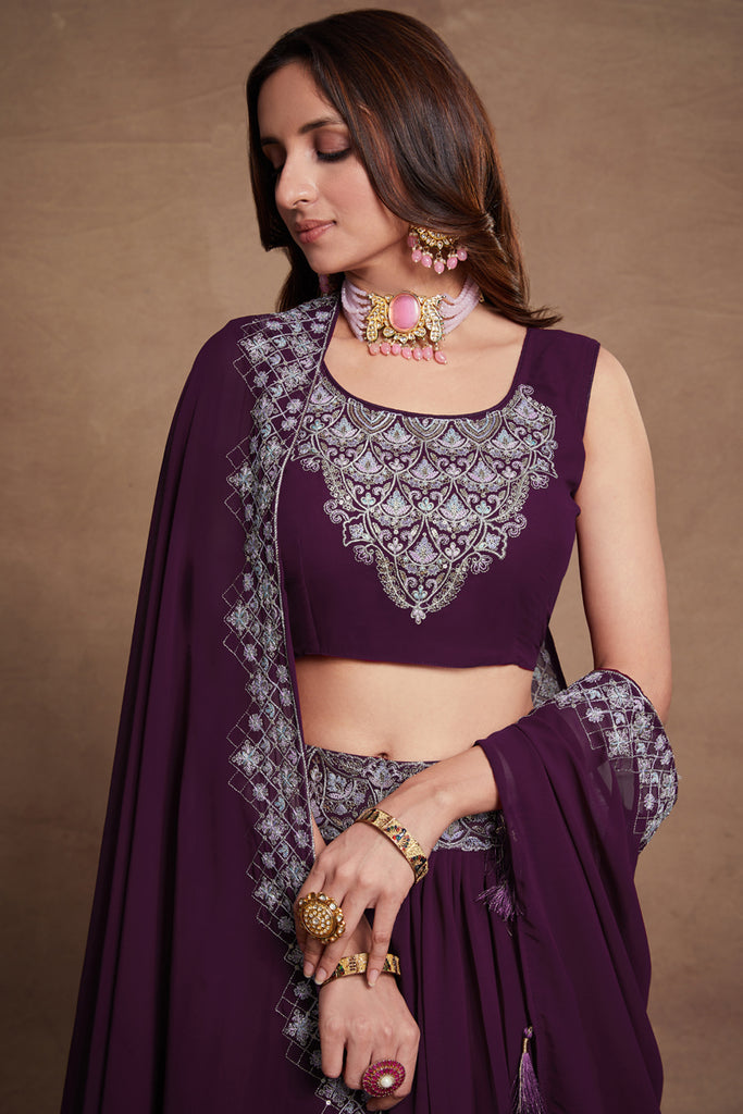 Purple Threadwork Embroidery Georgette Lehenga Choli