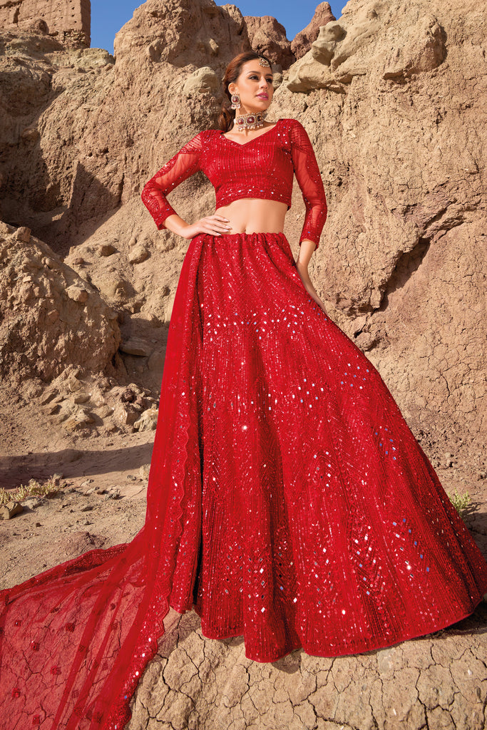 Red Designer Wedding Wear Net Lehenga Choli With Mirror Work