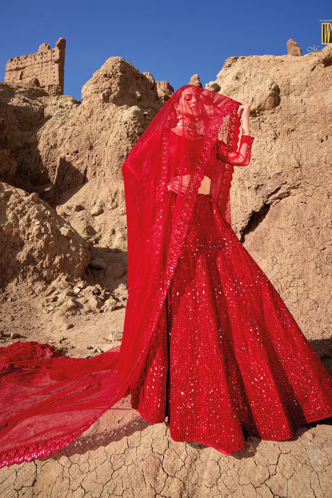 Red Designer Wedding Wear Net Lehenga Choli With Mirror Work