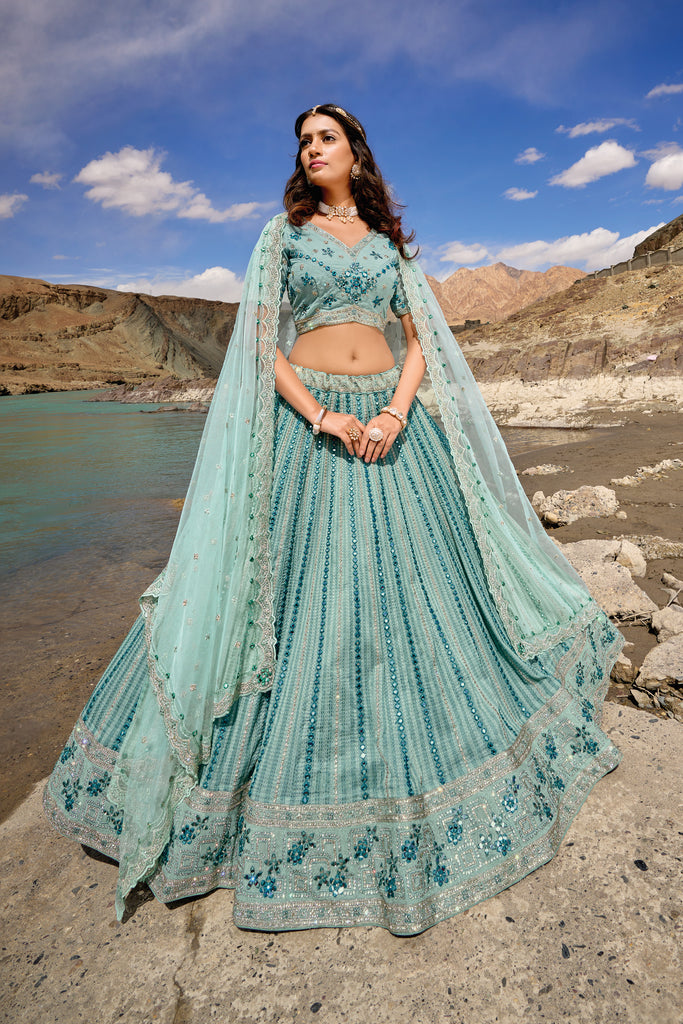 Turquoise Blue Designer Wedding Wear Georgette Lehenga Choli With Mirror Work