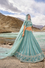 Load image into Gallery viewer, Turquoise Blue Designer Wedding Wear Georgette Lehenga Choli With Mirror Work
