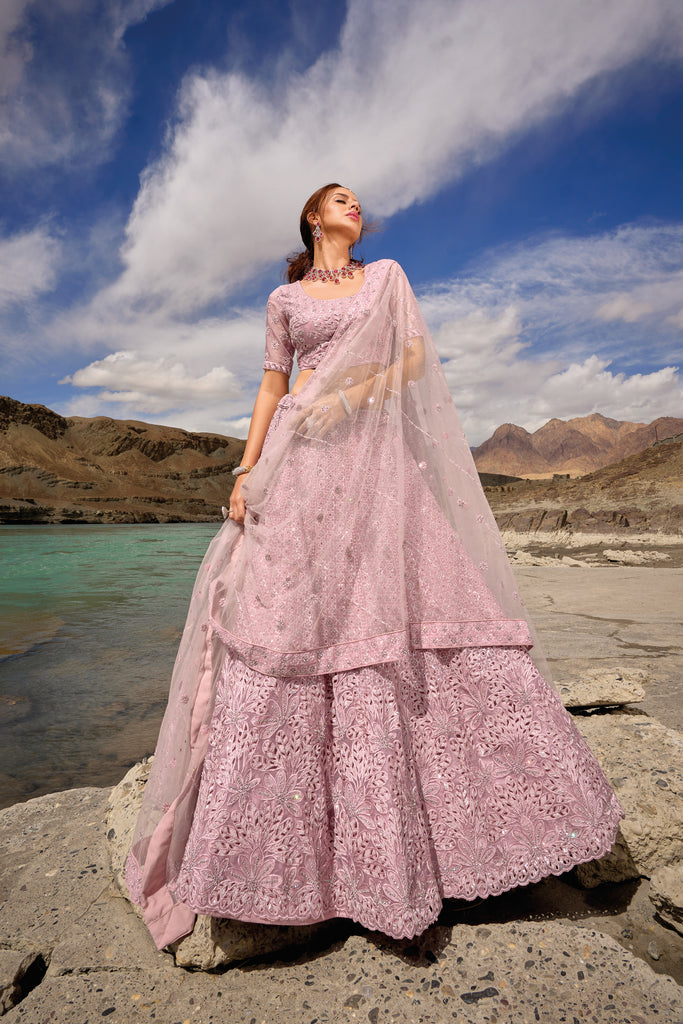 Party Mauve Pink Designer Wedding Wear Organza Lehenga Choli With Mirror Work