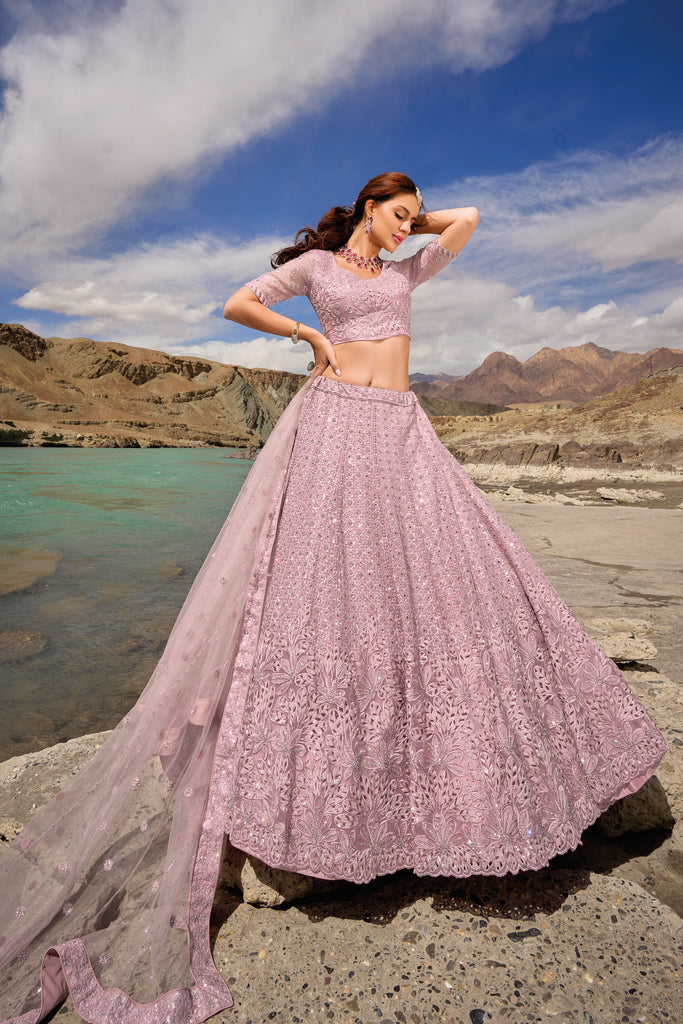 Party Mauve Pink Designer Wedding Wear Organza Lehenga Choli With Mirror Work