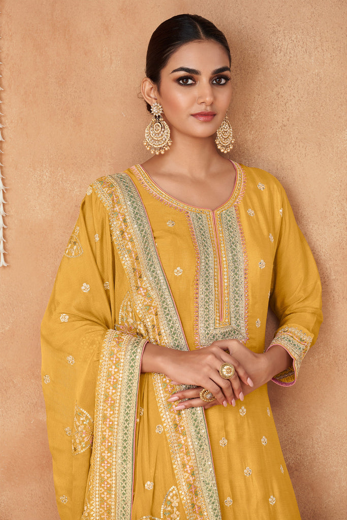 Gorgeous Yellow Real Chinnon Embroidered Designer Sharara Suit