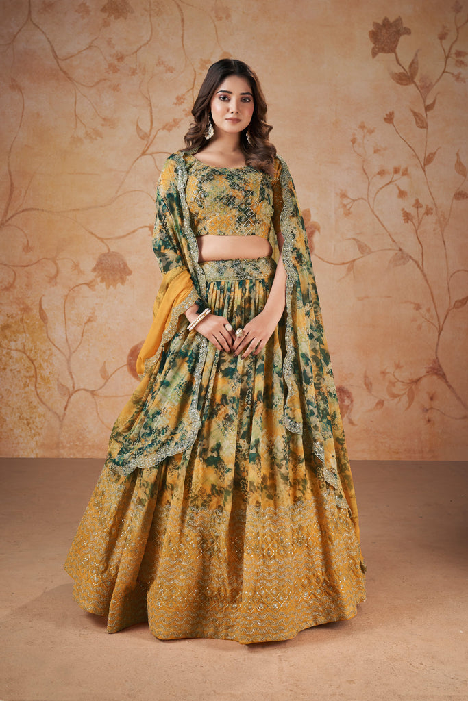 Amber Yellow Floral Printed Designer Georgette Lehenga Choli - Diva D London LTD