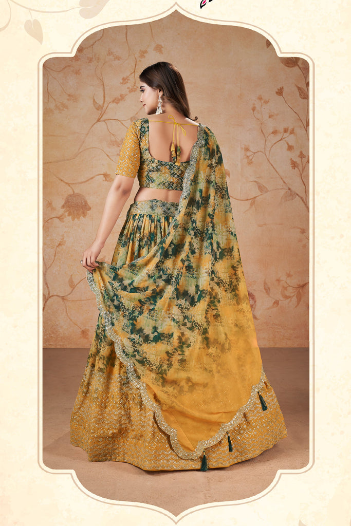 Amber Yellow Floral Printed Designer Georgette Lehenga Choli - Diva D London LTD